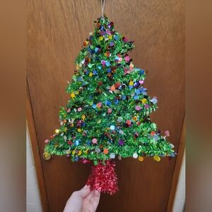 Festive Green and Red Holiday Tinsel Tree Hanging Decoration Christmas